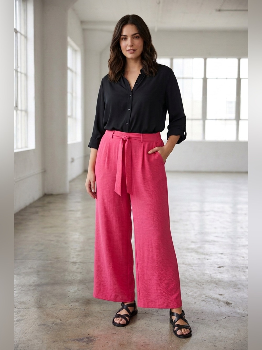 Caracilia High-Rise Wide-Leg Tie-Waist Pants in Bright Pink NWT